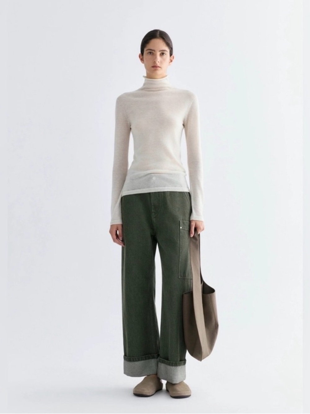 Insisfemme Turn Up Cuffed Straight Leg Jeans in Olive Green 28 Waist
